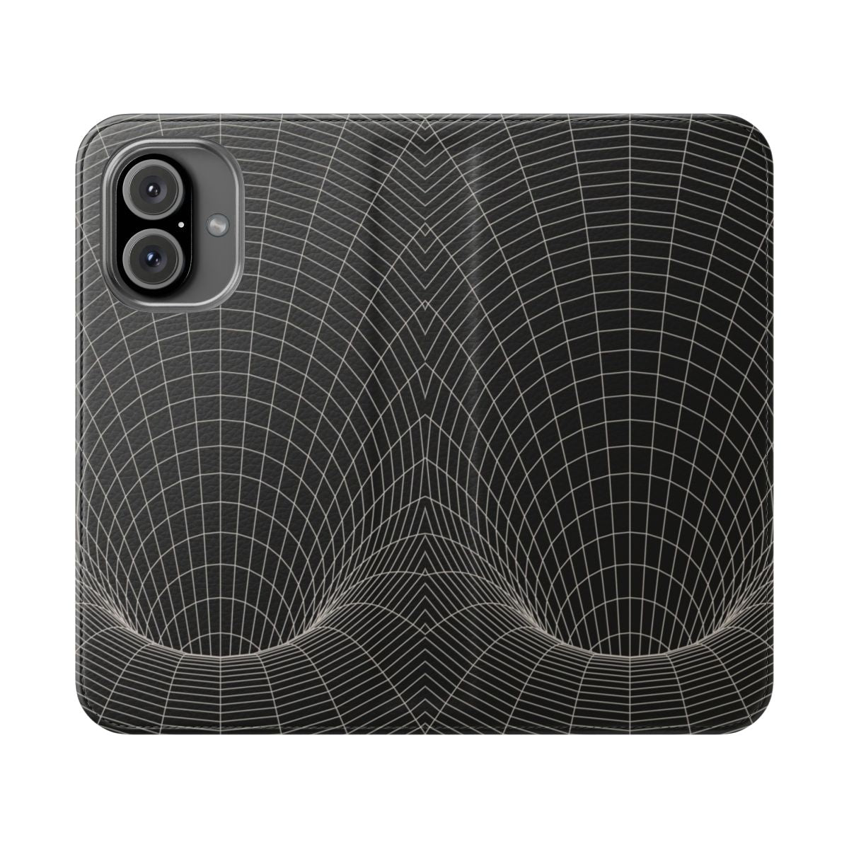 Detailed image of a black hole and event horizon design on a flip cover phone case.