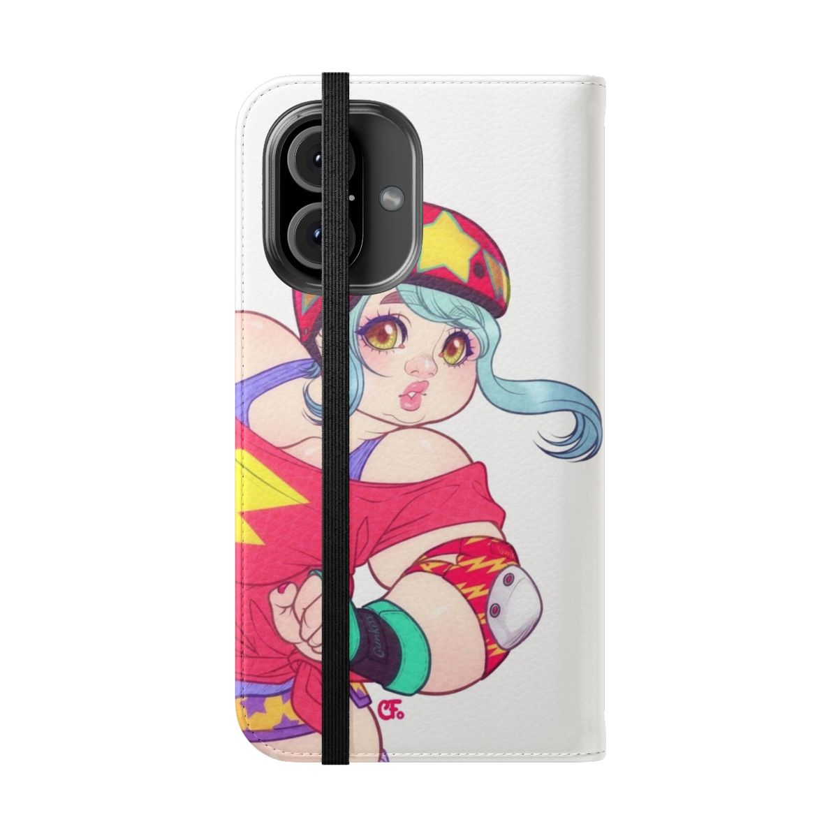 Vibrant retro-style flip phone case with roller derby and 80s inspired design - Folded Front