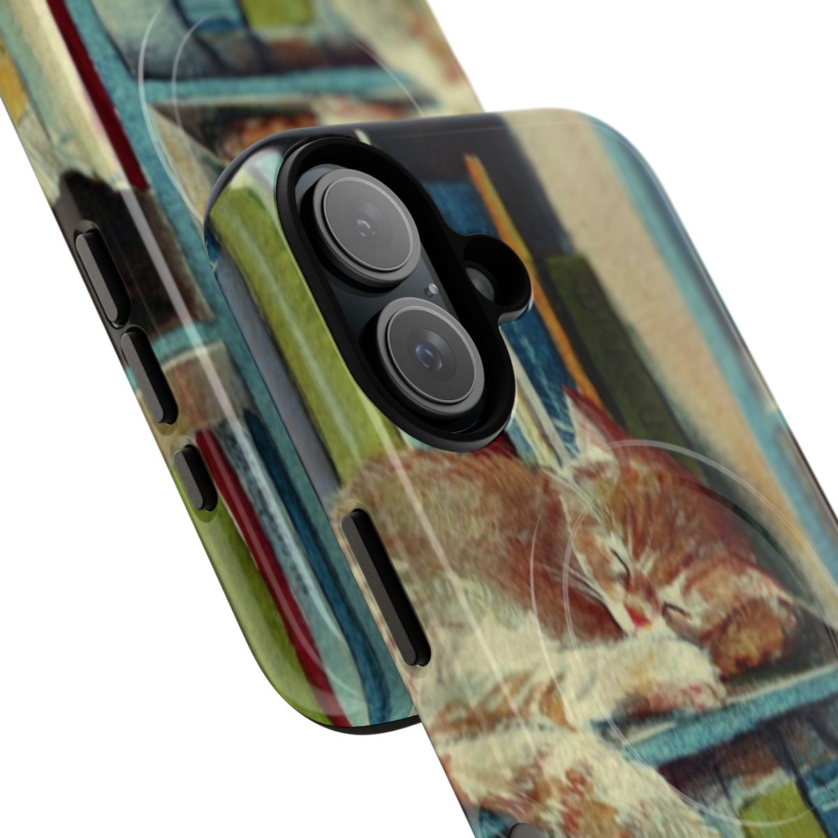 A magnetic tough phone case featuring a cozy illustration of a cat sleeping in a bookcase. - Detail