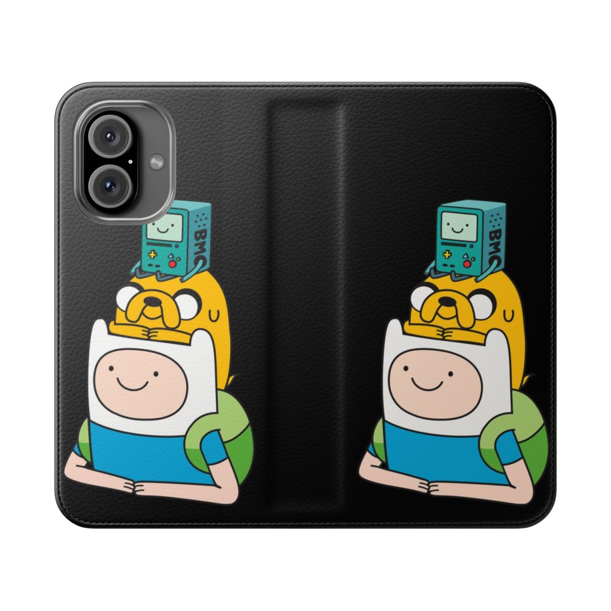 Colorful flip cover phone case featuring Adventure Time characters BMO, Finn, and Jake