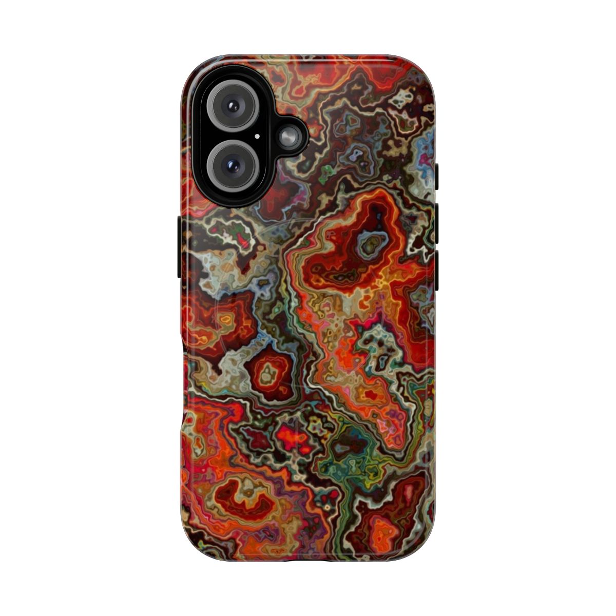 Magnetic tough phone case with a vibrant, psychedelic abstract art design inspired by blood geodes and lava rocks.