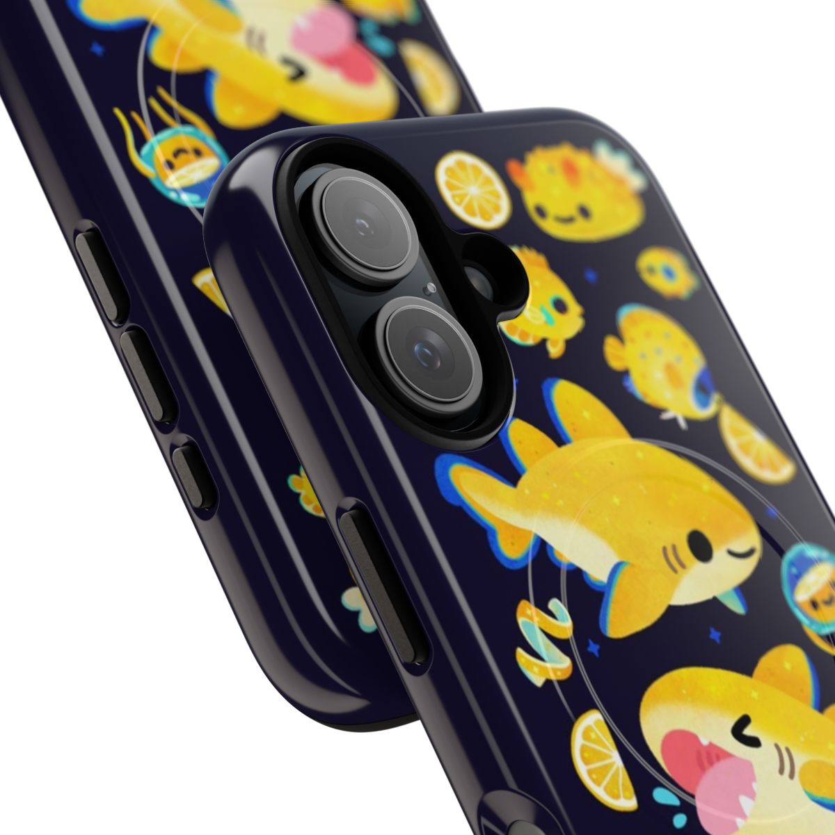 Lemon shark and friends design on a dark tough magnetic phone case - Detail