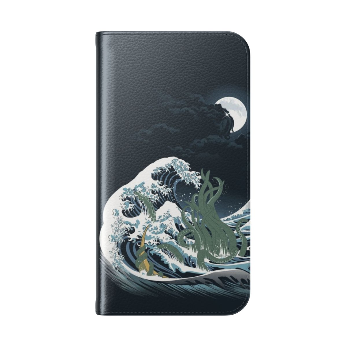 Flip cover phone case featuring a stylized Japanese wave art design inspired by the writings of H.P. Lovecraft and the Cthulhu Mythos. - Folded Back