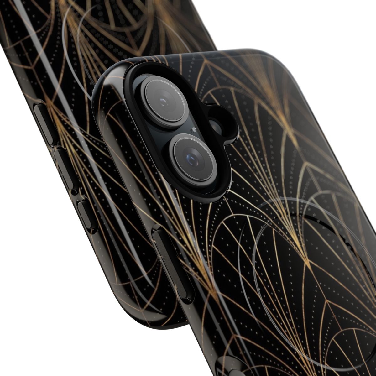 Sleek and stylish phone case with an art deco-inspired waterfall pattern in black and gold - Detail