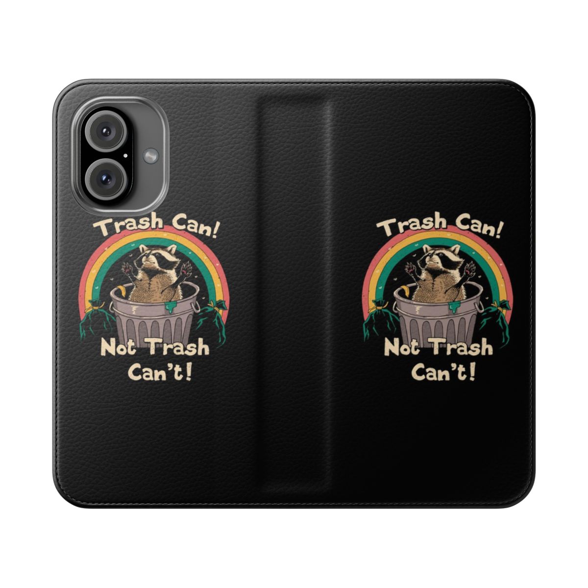 Retro-style flip phone case featuring a playful raccoon or "trash panda" design