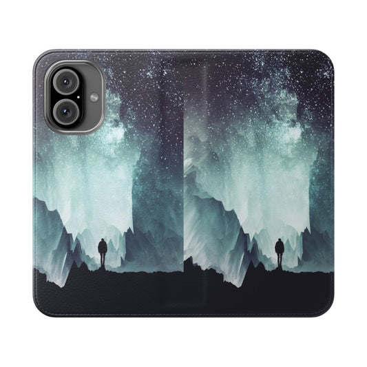 A stunning northern landscape phone flip cover case featuring a silhouetted figure against a starry night sky