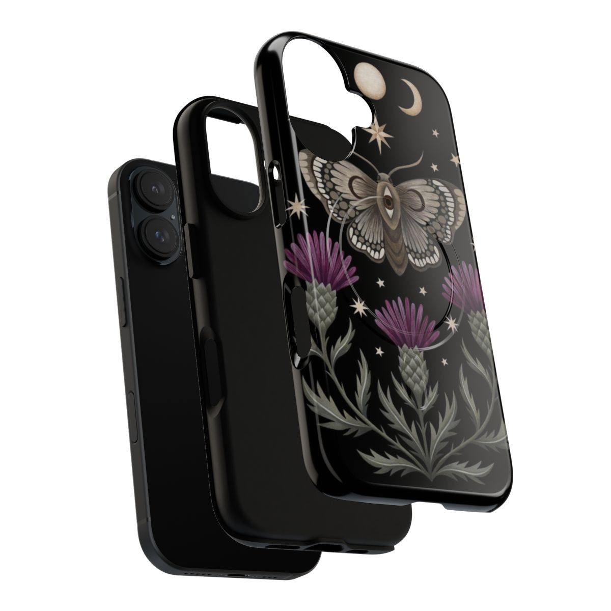 Thistle and moth phone case design featuring a magical, nocturnal moth and ornate thistles against a celestial moon and star-filled background - Layers