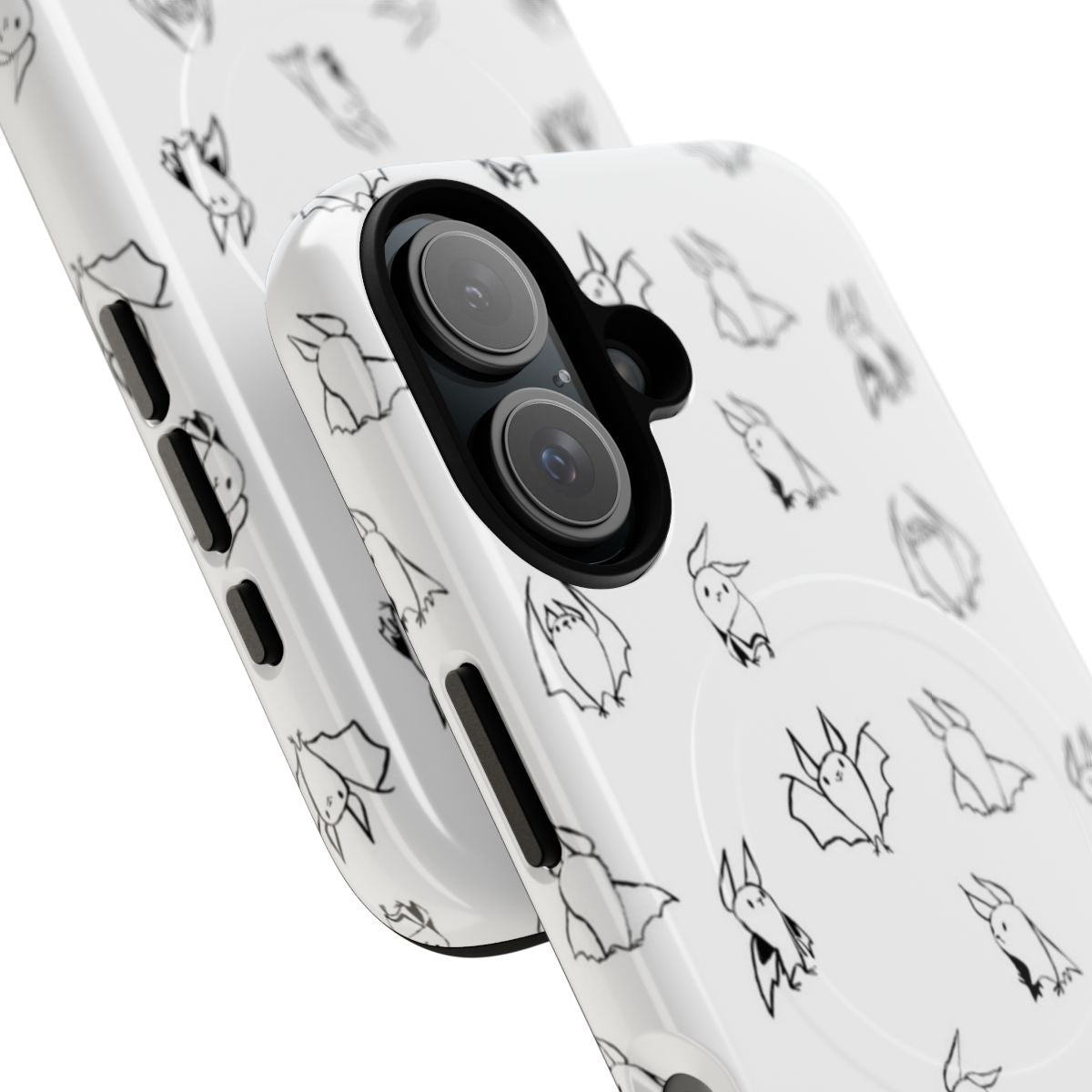 A black phone case with a design featuring many little cute bats. - Detail