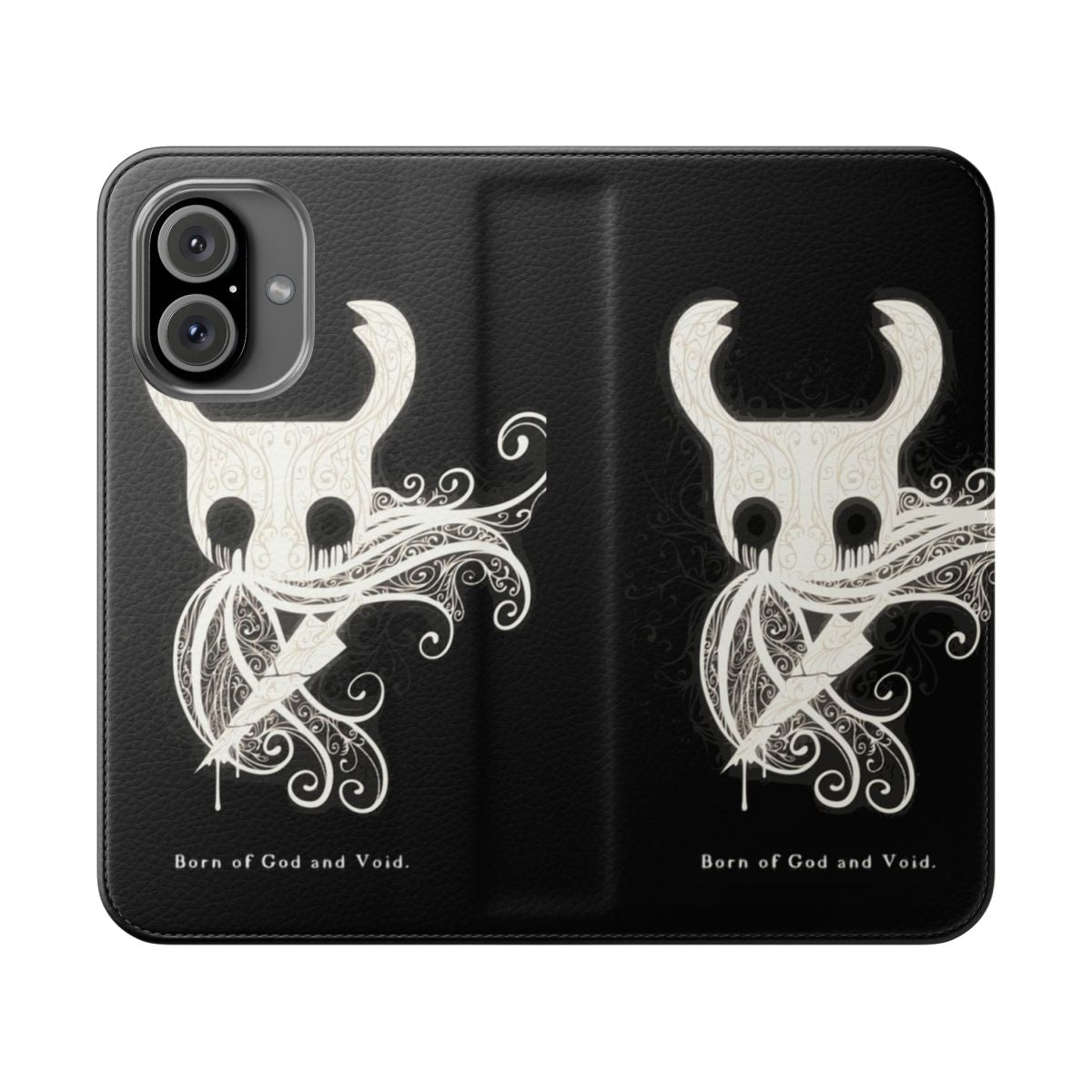 Hollow Knight-inspired flip cover phone case featuring the Knight character in black and white