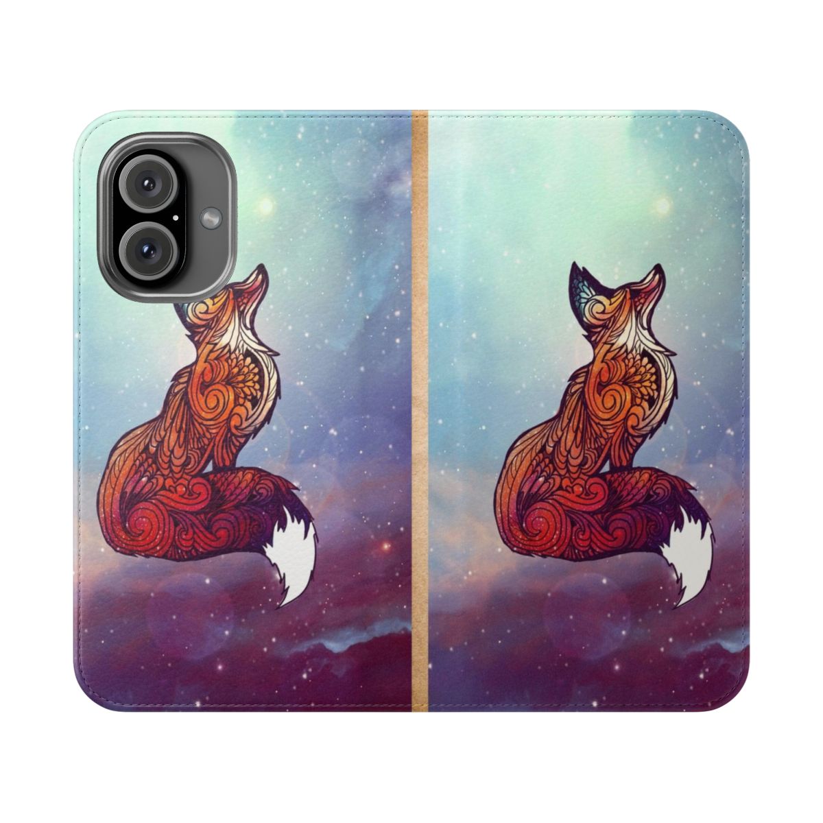 Space-themed flip phone case with a cosmic fox design