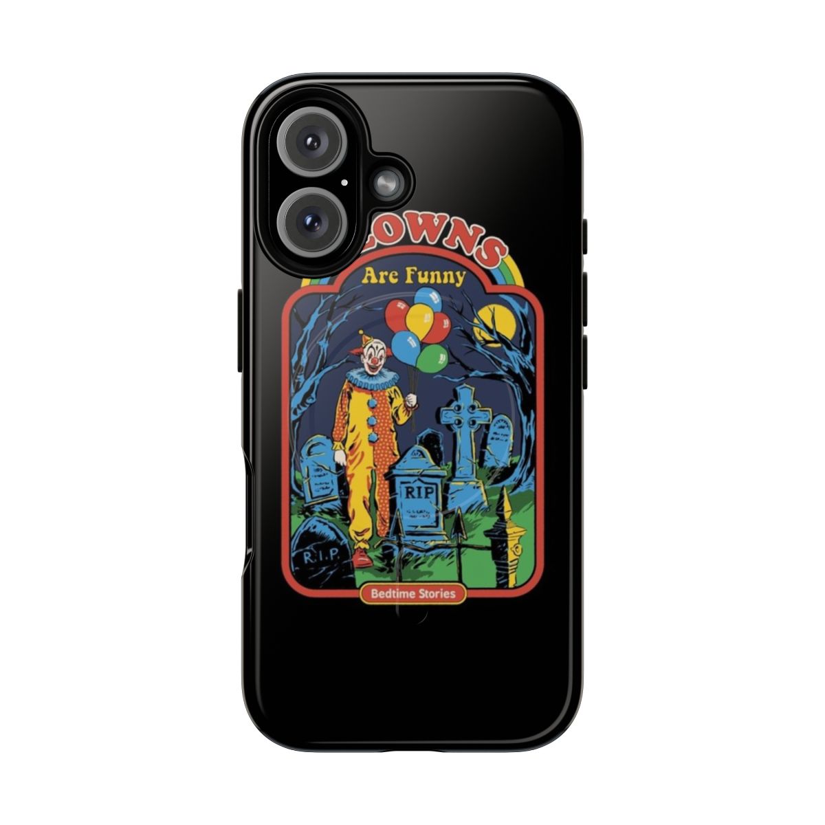 A vintage-inspired phone case featuring a creepy clown in a dark, spooky setting.