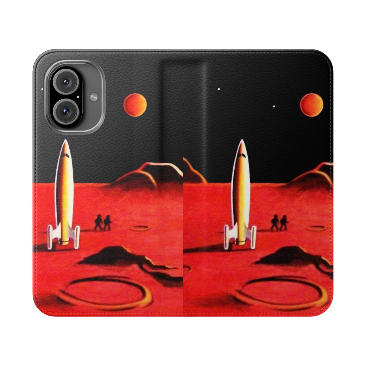 Futuristic phone case with a sci-fi design featuring a martian city, planets, and spaceships.