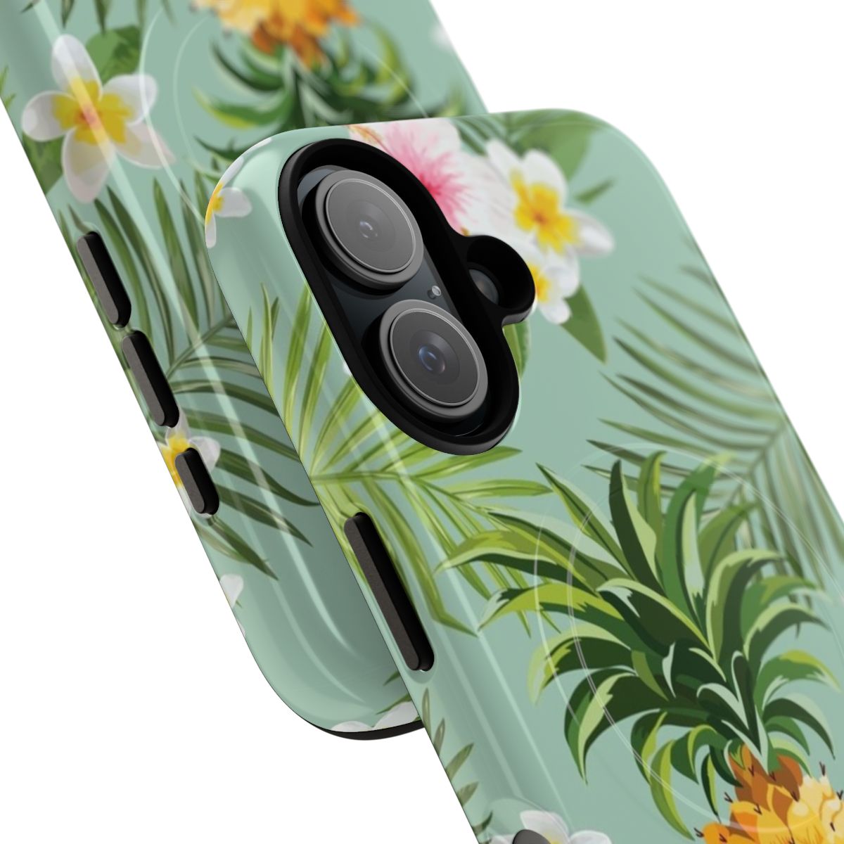 Tropical pineapple and hibiscus flower phone case in pink, white, green, and yellow - Detail