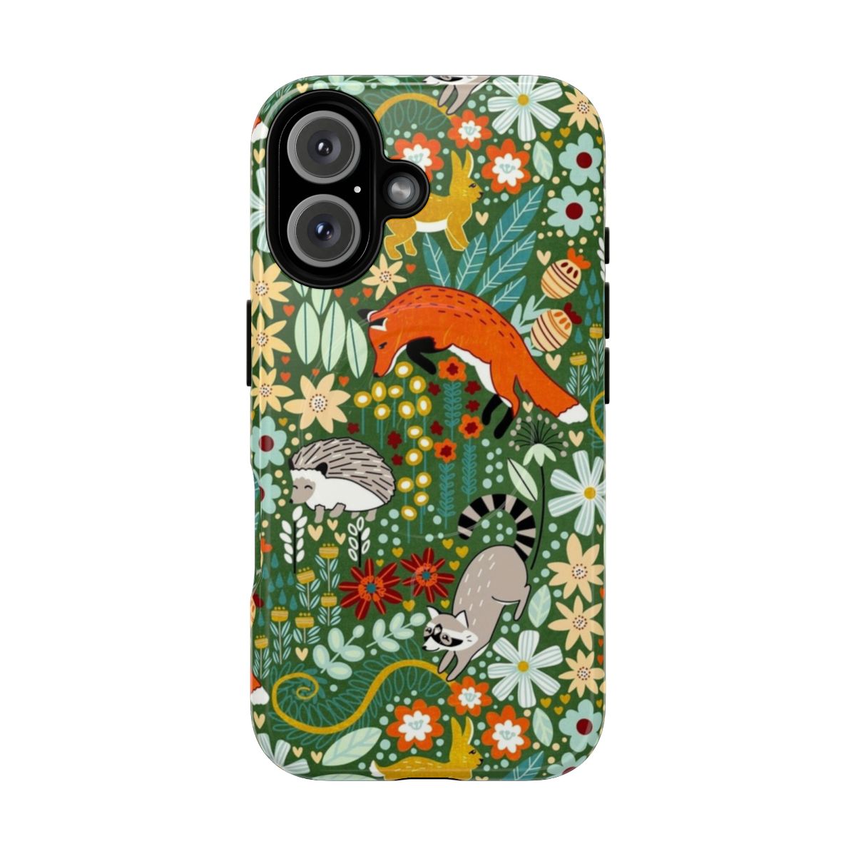 A textured green phone case featuring a hand-drawn digital illustration of woodland animals like foxes, raccoons, and rabbits.