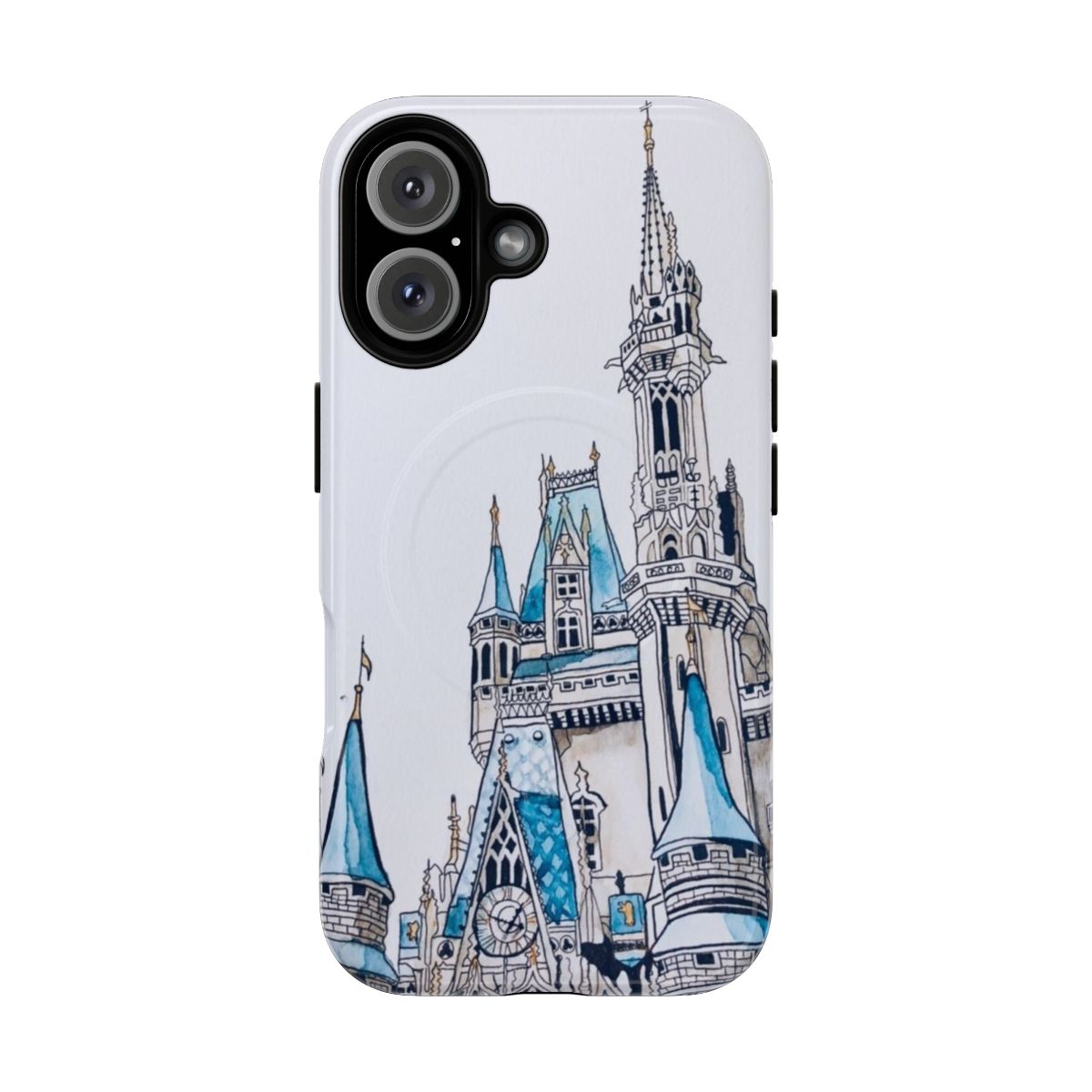 Watercolor illustration of Cinderella's Castle on a protective phone case