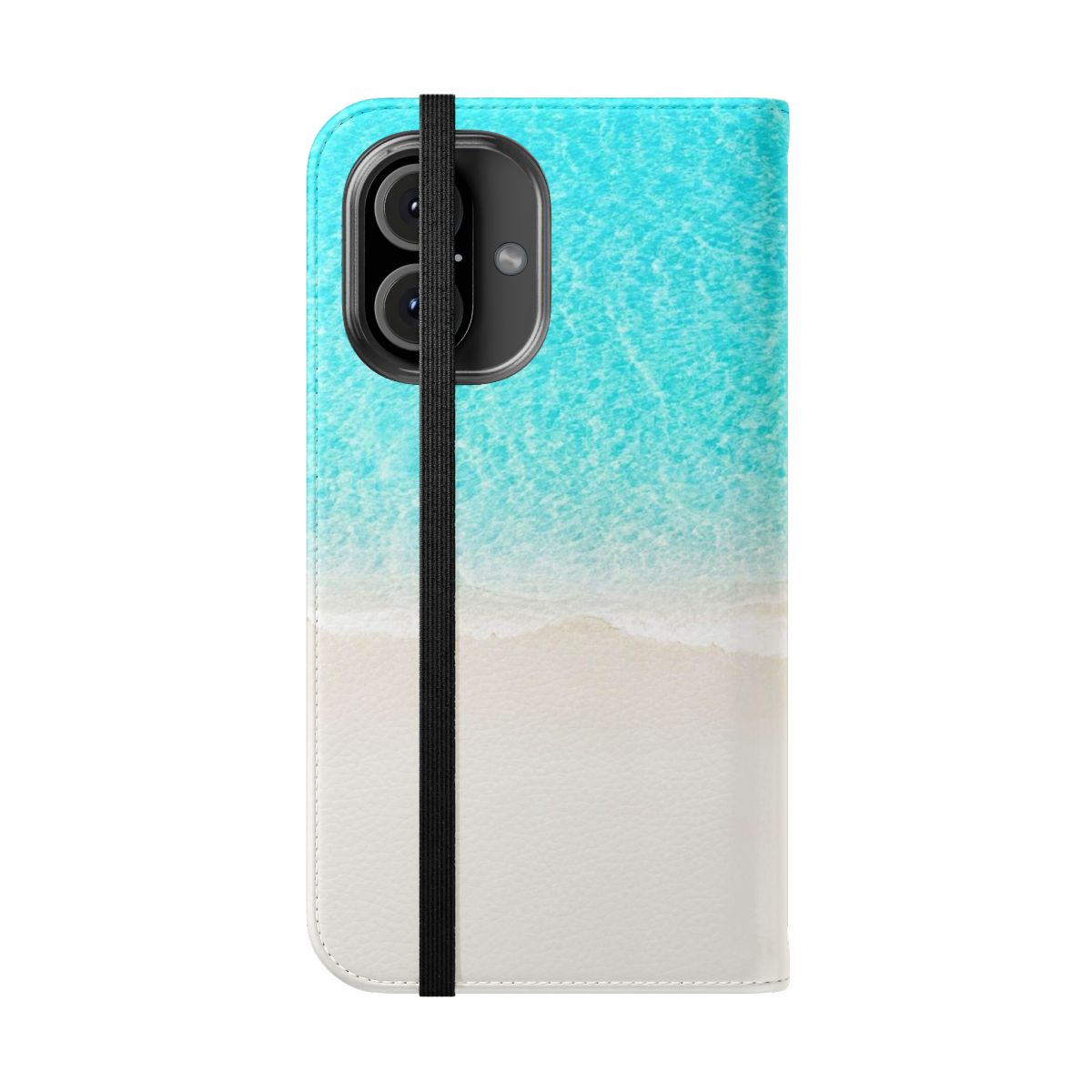 Flip cover phone case featuring a tranquil beach scene with turquoise waves crashing on the shore - Folded Front