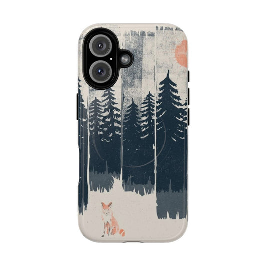 A closeup photo of a fox in a forested mountain landscape, featured on a phone case