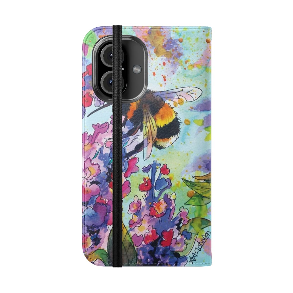 Colorful flip cover phone case featuring illustrations of bees and flowers - Folded Front