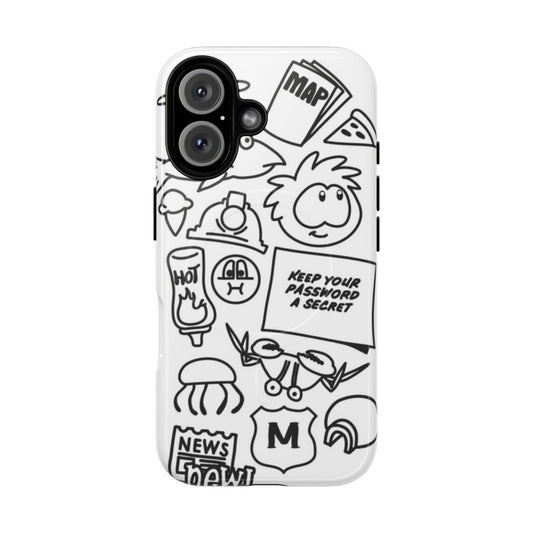 Magnetic tough phone case featuring whimsical Club Penguin-inspired doodle designs