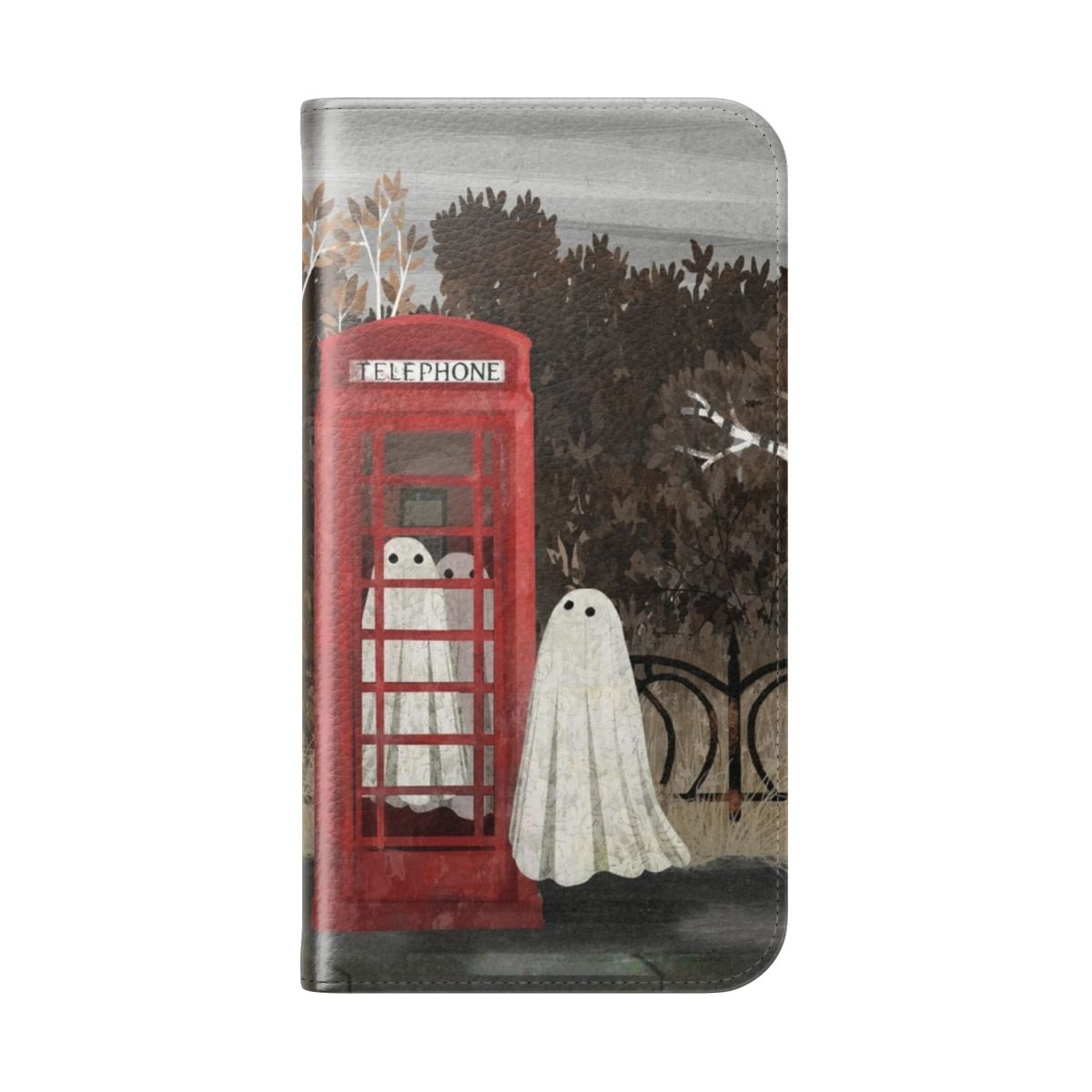 Spooky vintage-style phone box flip cover case with a haunted, creepy-cute design. - Folded Back