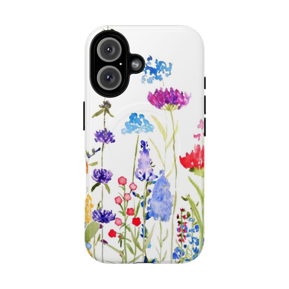 Artistic watercolor painting of vibrant wildflowers on a phone case