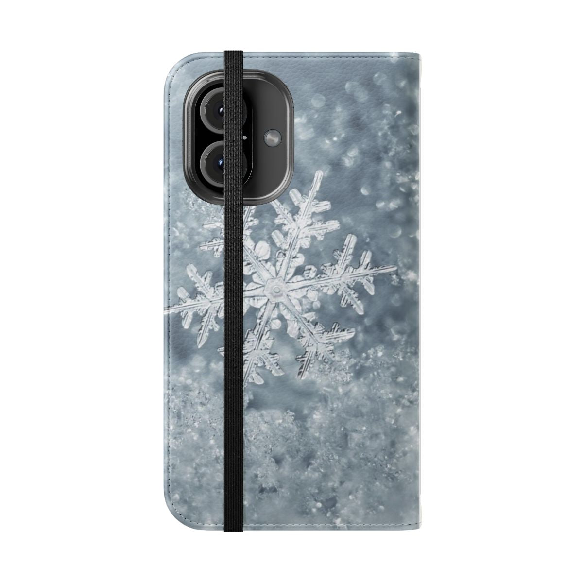 Snowflake-patterned flip cover phone case in white and blue tones. - Folded Front