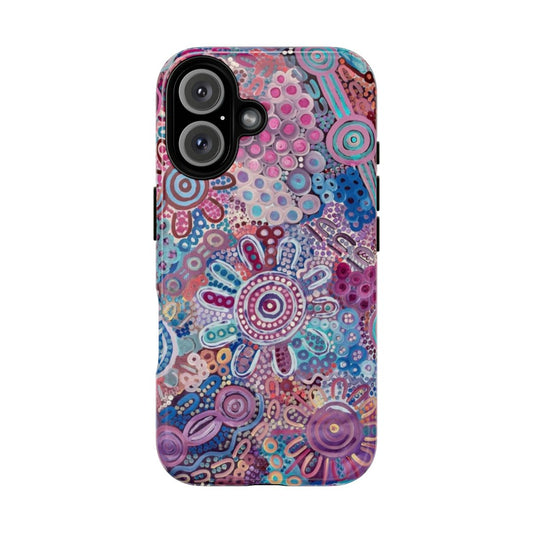 Phone case featuring abstract indigenous art design with earth tones and nature elements.