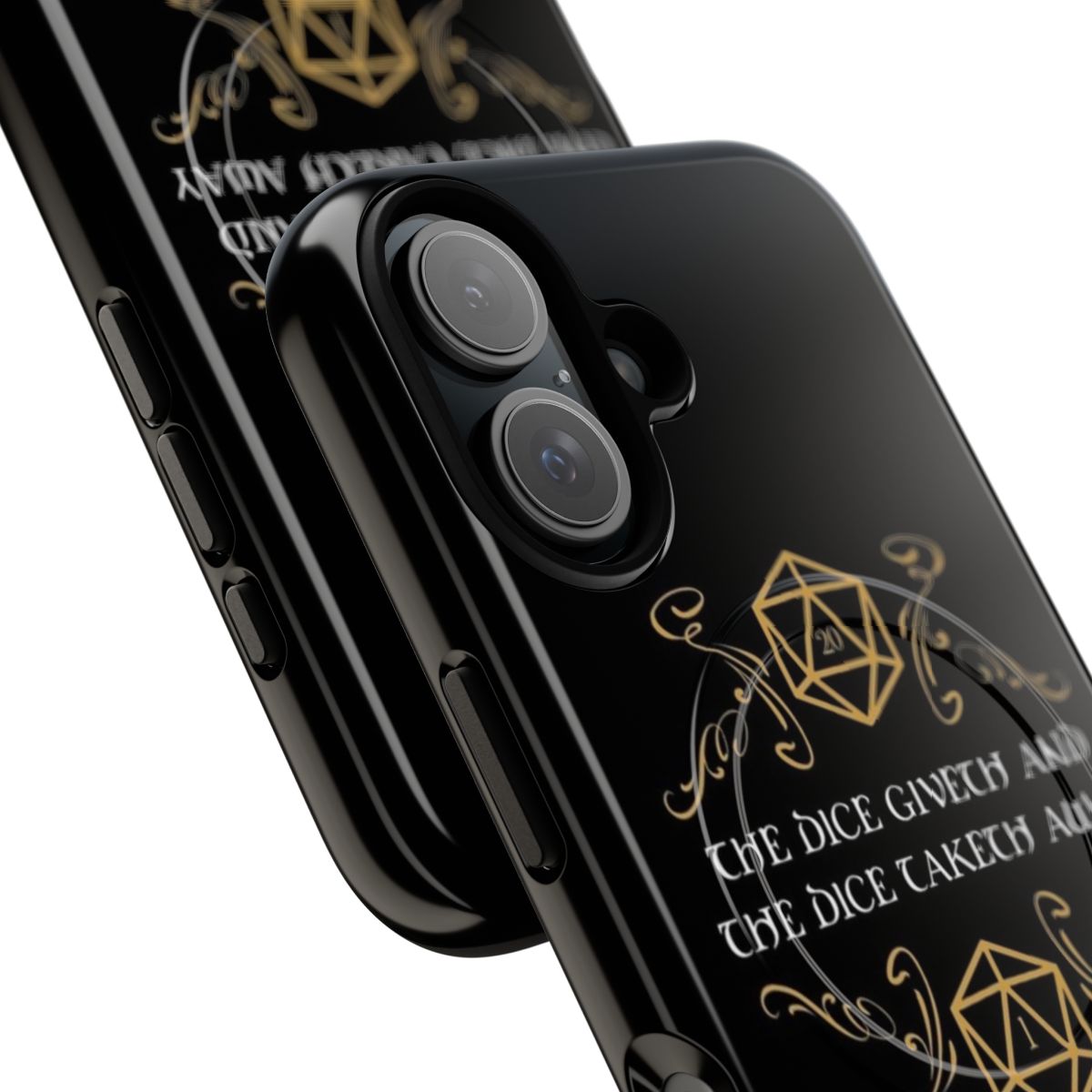 Magnetic phone case with dice graphic representing critical hits and failures in fantasy role-playing games - Detail