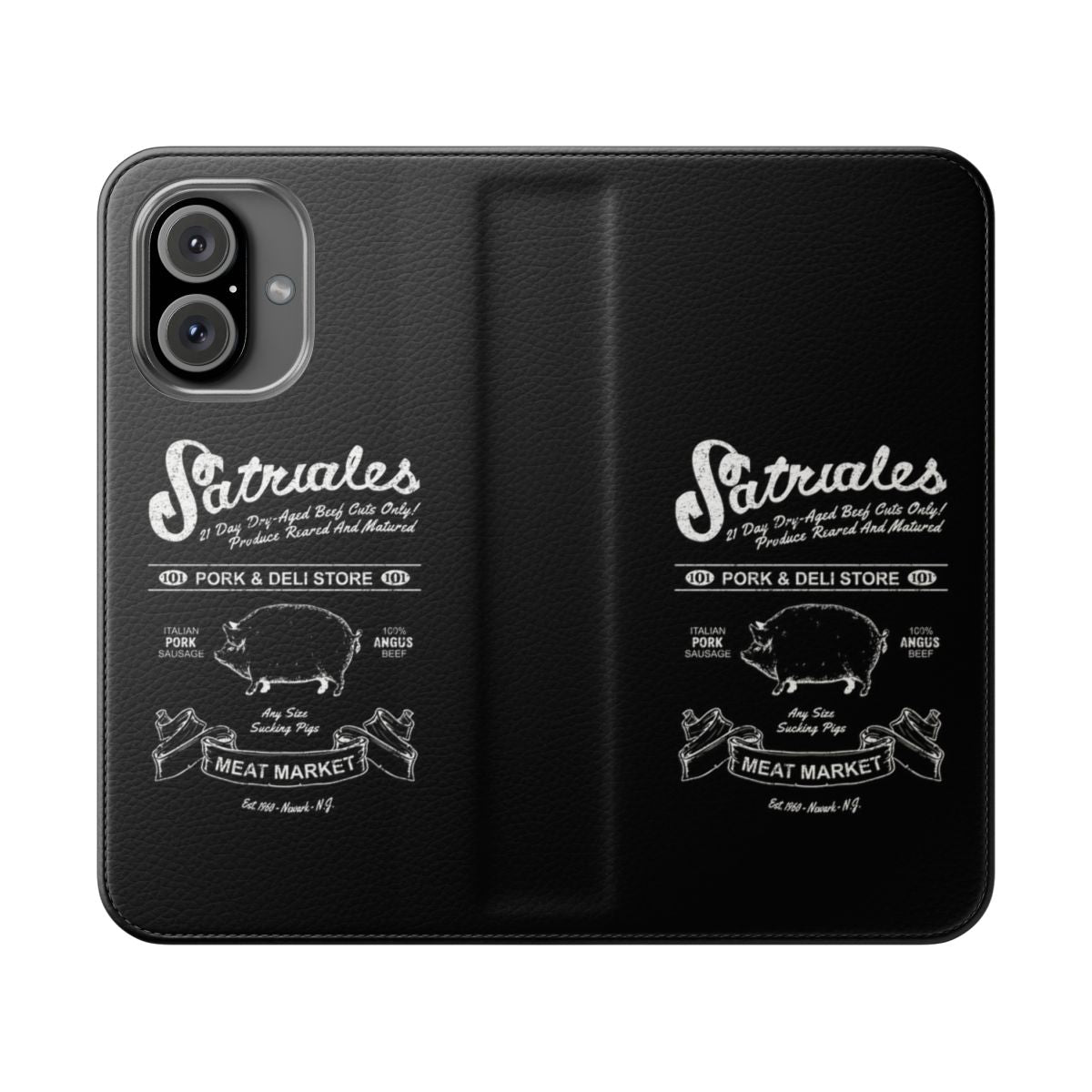 Vintage-inspired distressed flip phone case with Satriale's Pork & Deli Store design, perfect for Sopranos fans