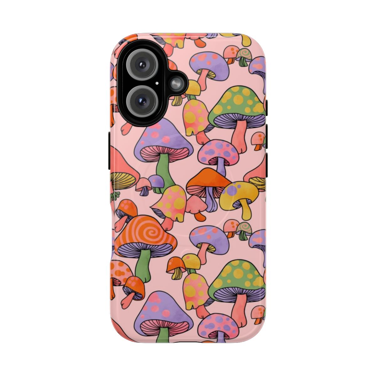 Vibrant psychedelic mushroom design on a phone case with retro, boho, and colorful elements.