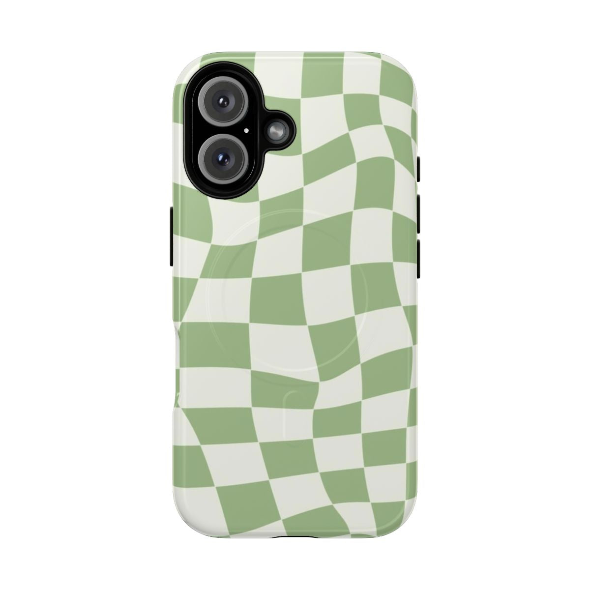 Sage green phone case with psychedelic checkered and wavy pattern