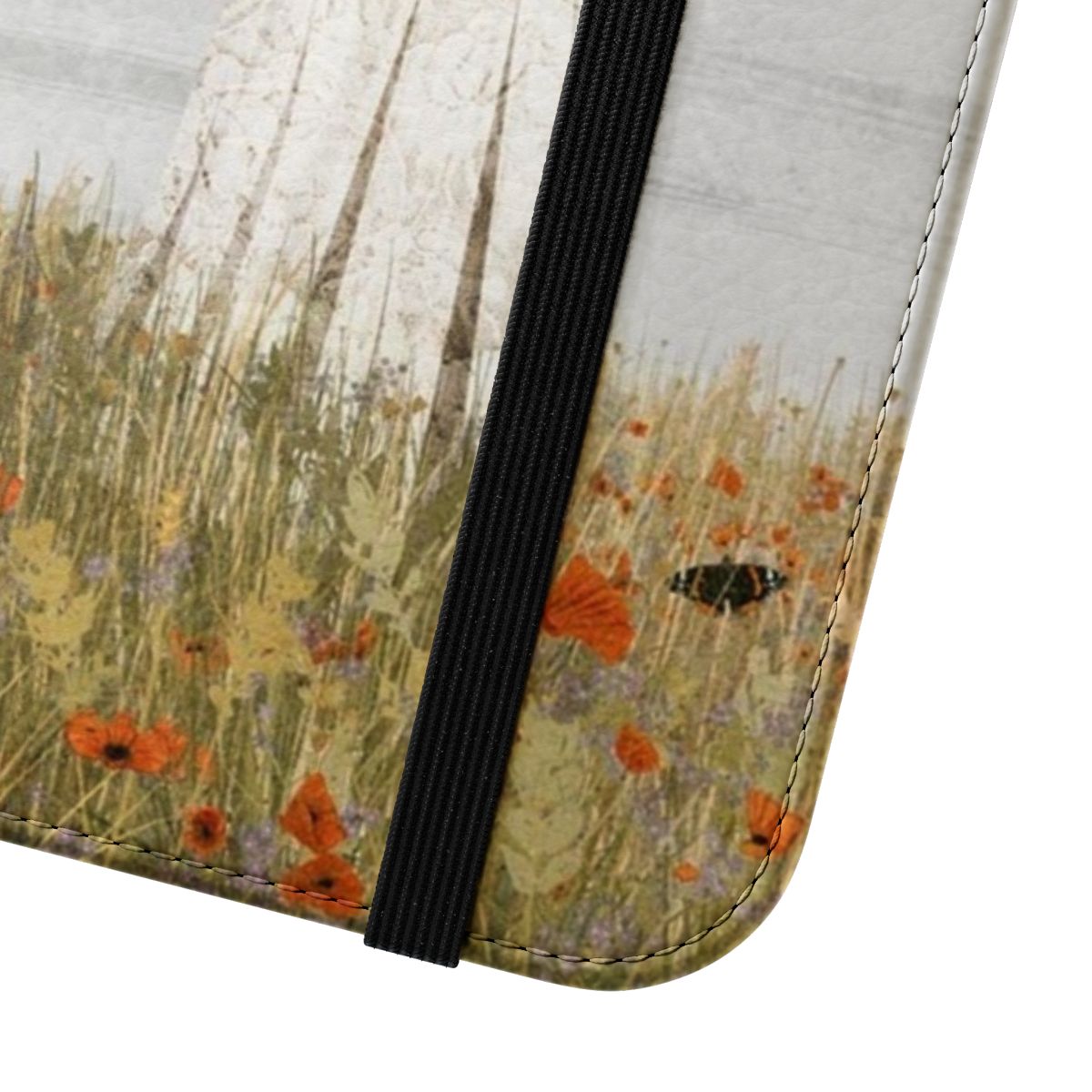 Vintage-style phone case featuring a dreamy floral meadow scene with poppies and butterflies - Close Up