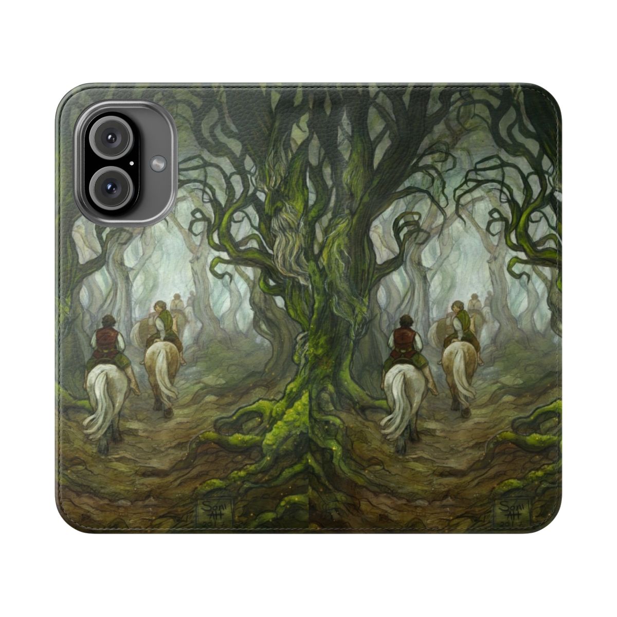 A phone case featuring a design inspired by the old forest, moss, and trees from the Lord of the Rings universe.