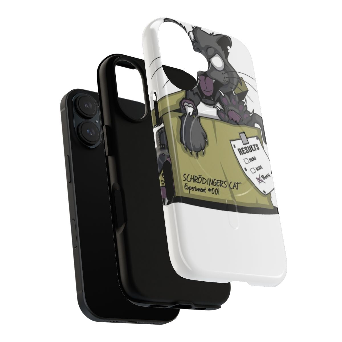 Magnetic phone case with Schrodinger's cat design, featuring a cat in a mysterious box inspired by the famous quantum physics thought experiment. - Layers