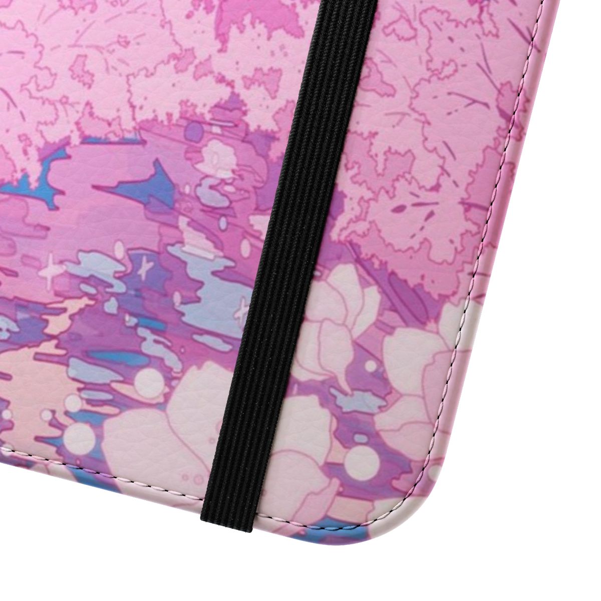 Anime-inspired flip cover phone case featuring a scenic night view of Tokyo's cityscape with a lake and cherry blossoms - Close Up