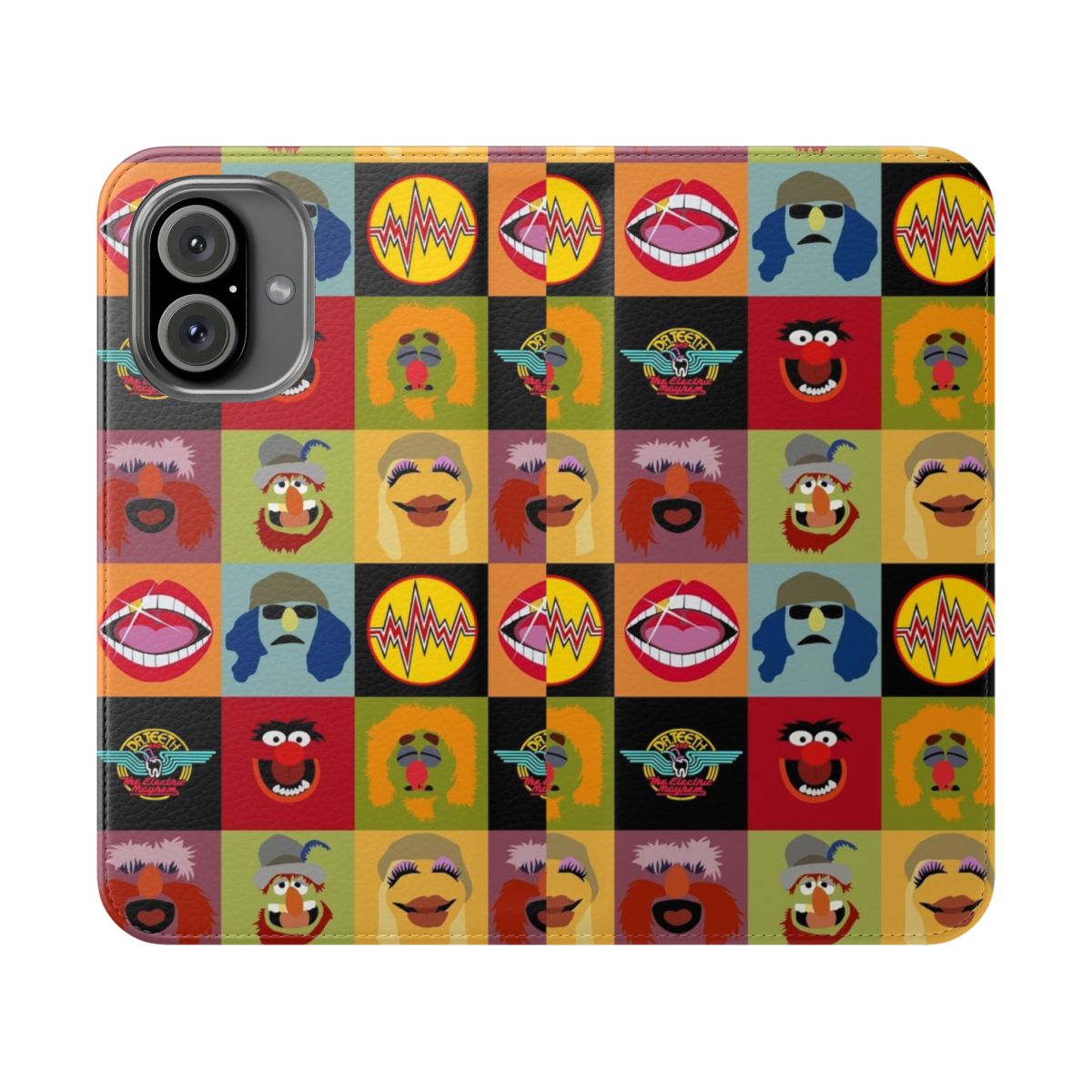 Colorful Muppets-inspired phone case with flip cover featuring animal characters like Miss Piggy, Kermit the Frog, and Bert and Ernie