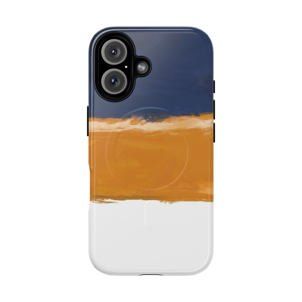 Artistic magnetic phone case in shades of orange and blue, inspired by abstract expressionist paintings