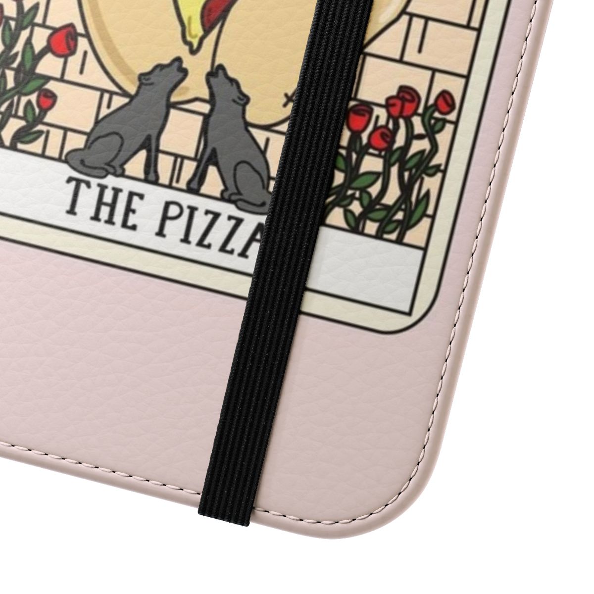 Mystical pizza reading flip cover phone case with tarot, moon, and stars design - Close Up