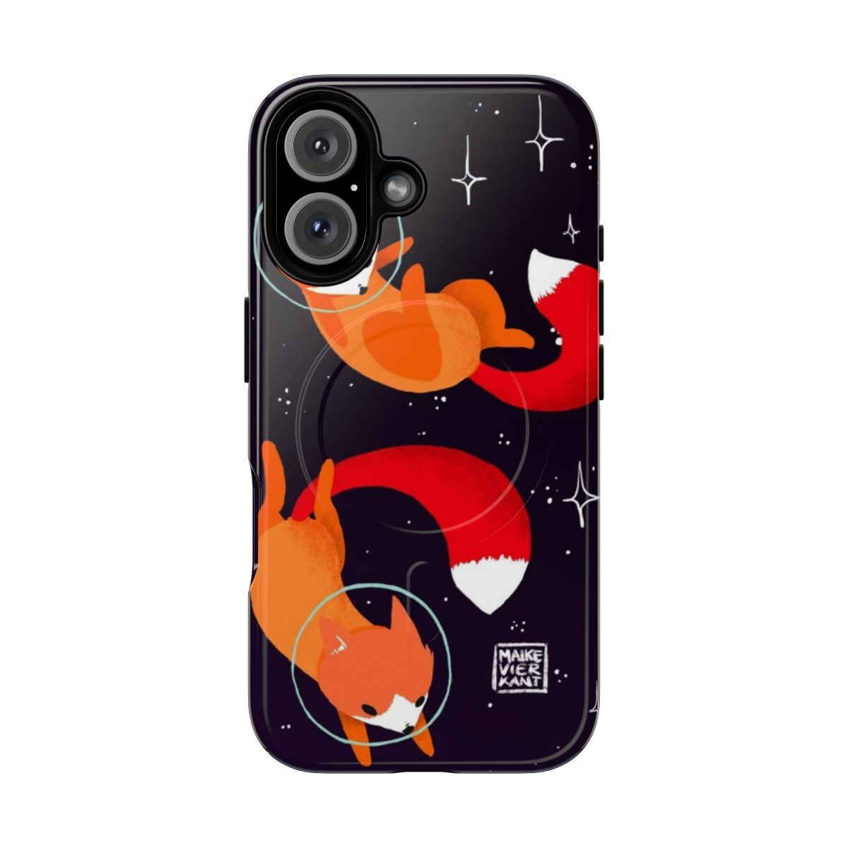 Artistic illustration of playful space foxes on a magnetic tough phone case