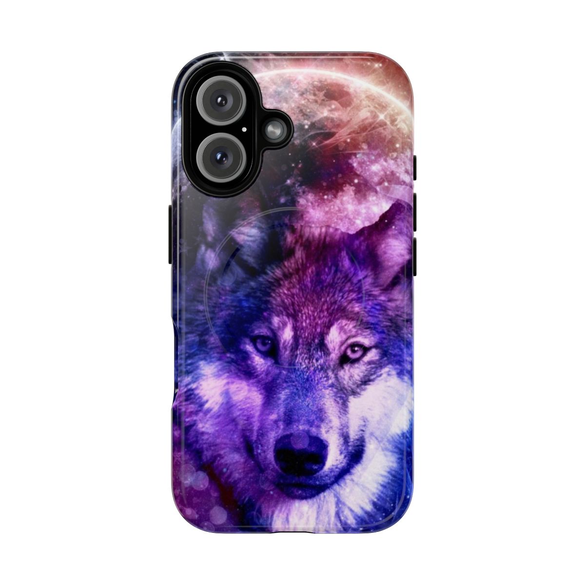 Magnetic phone case featuring enchanting wolf face design against a backdrop of the night sky and galaxy