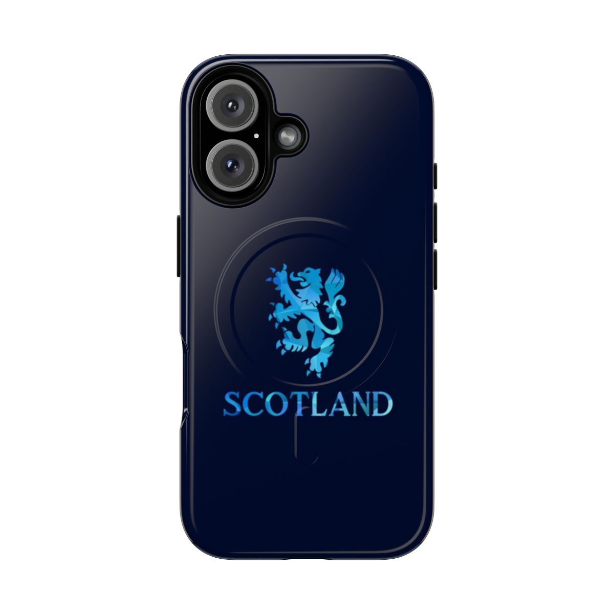 Colorful phone case featuring a geometric blue design inspired by the Scottish national team