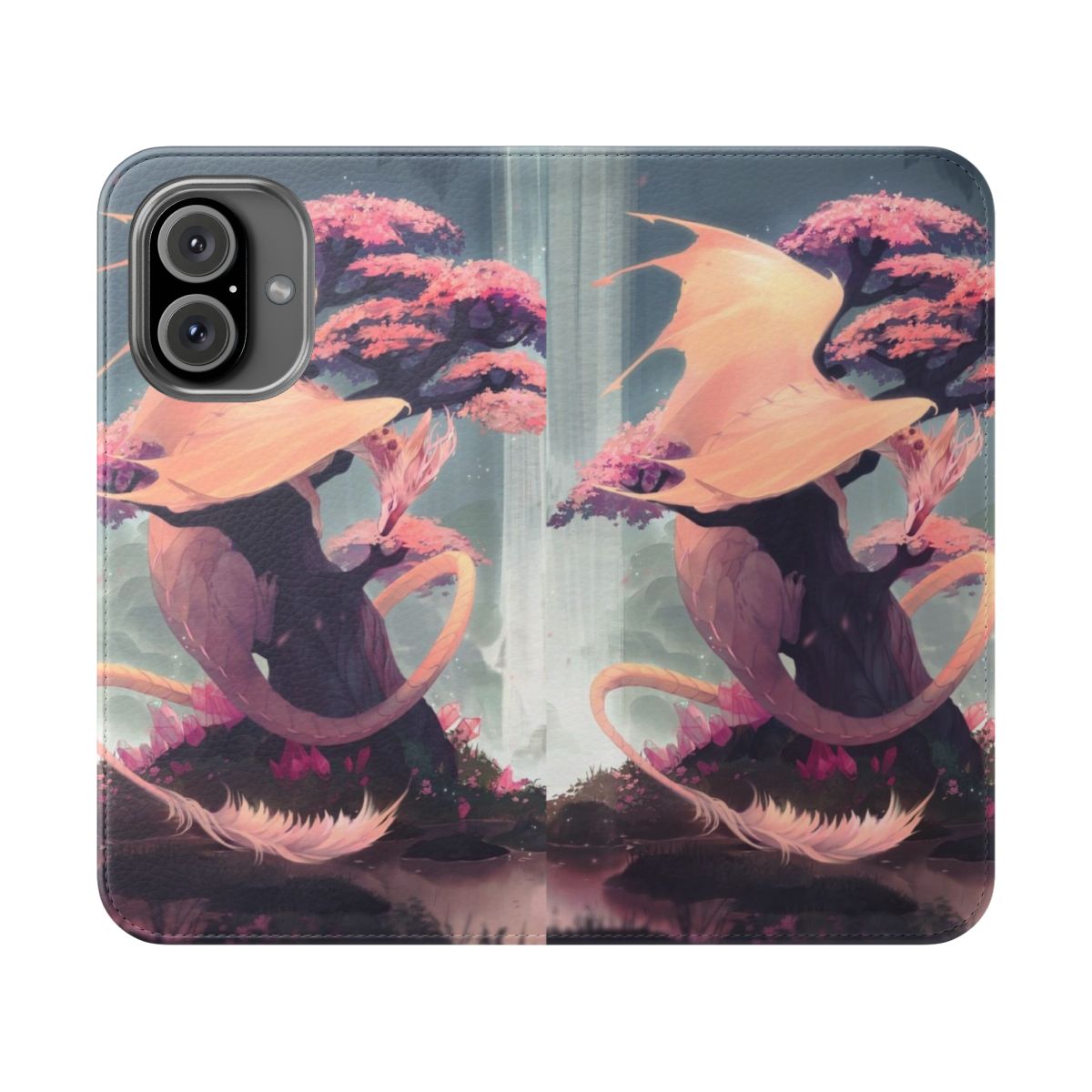 Flip cover phone case featuring a mystical dragon and cherry blossoms in a serene nature setting