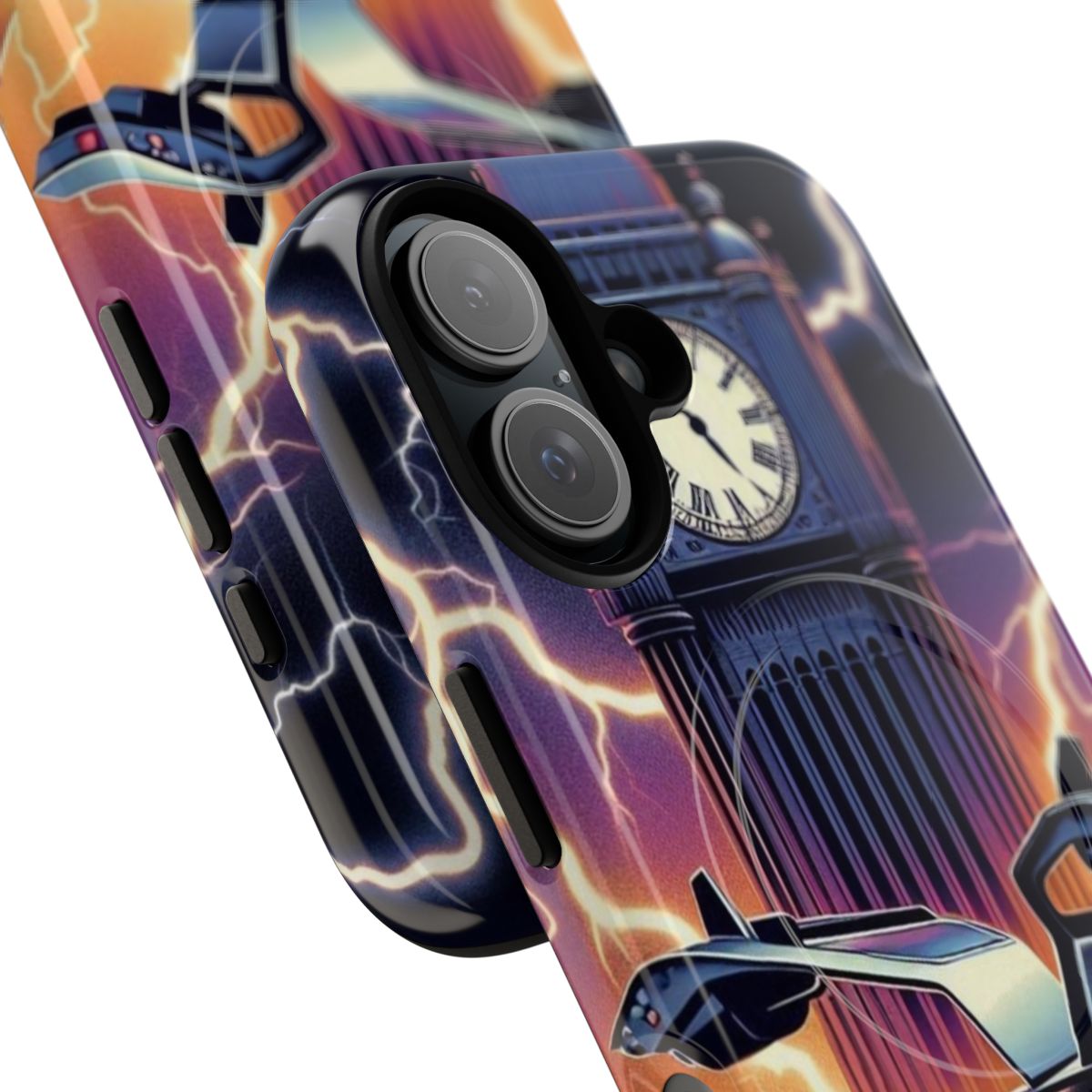 Retro-inspired magnetic tough phone case featuring the iconic DeLorean time machine from the 1980s sci-fi classic. - Detail