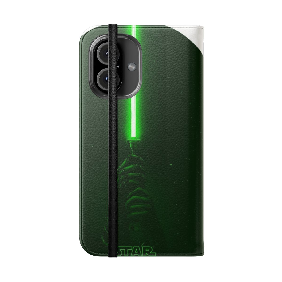 A sleek flip phone case with a green saber design, inspired by the Star Wars galaxy. - Folded Front