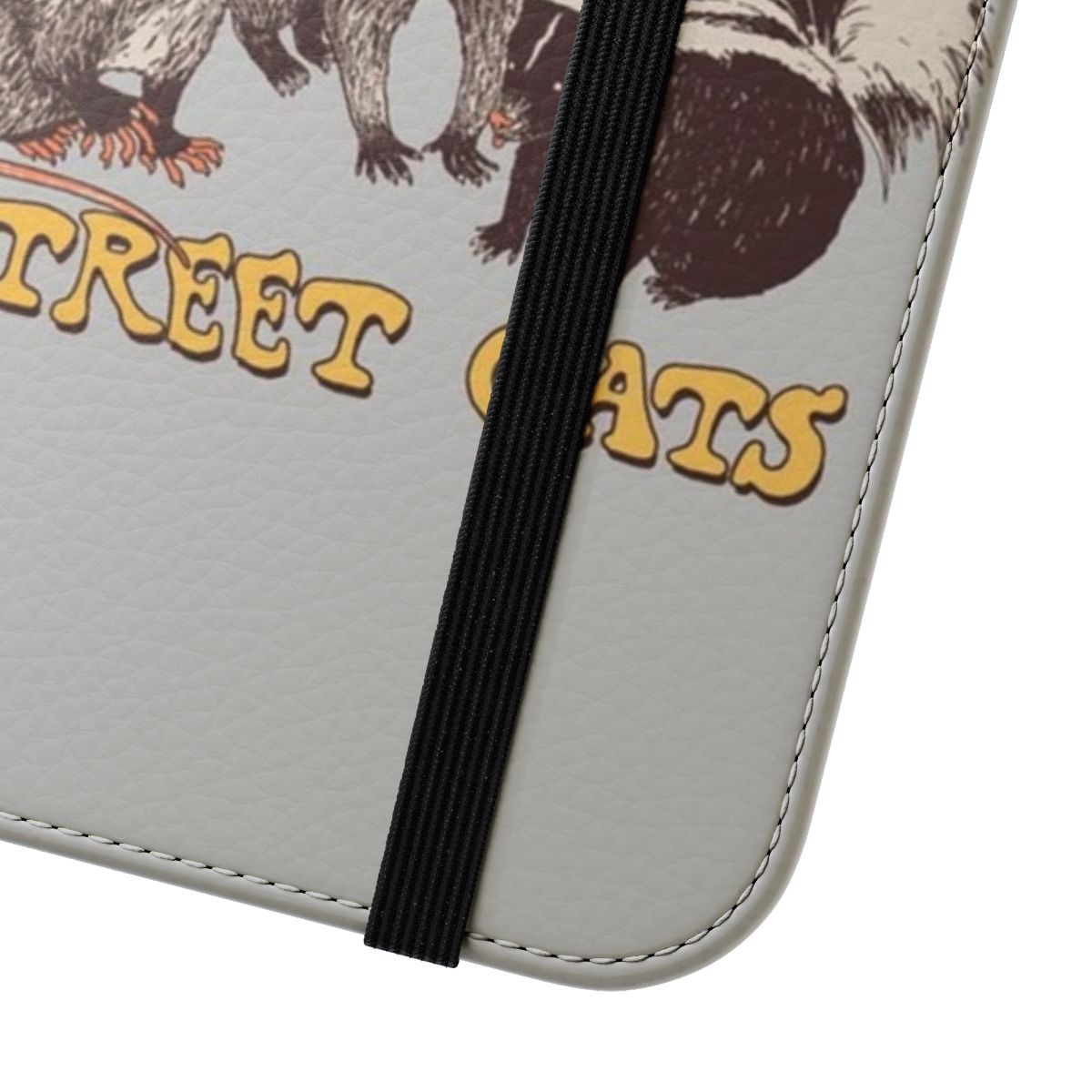 Vintage-style flip cover phone case with a whimsical animal print design featuring cats, raccoons, and other woodland creatures. - Close Up