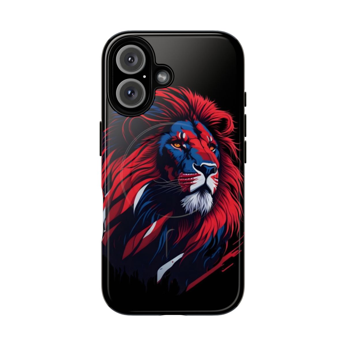 Patriotic phone case featuring a lion head design with the American flag colors and symbols.