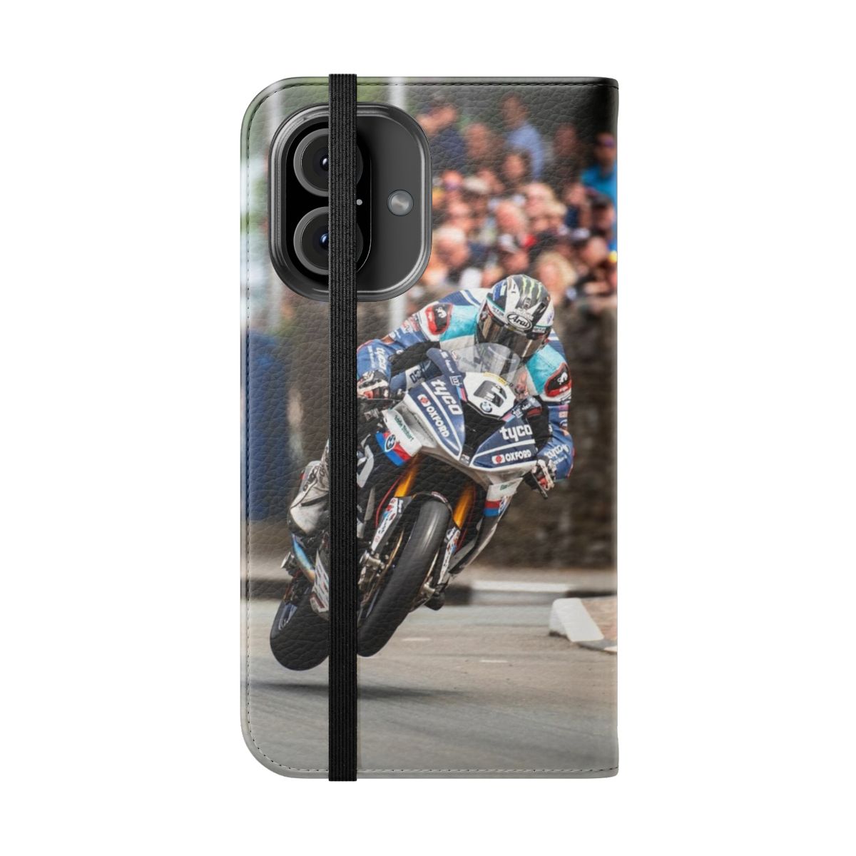 Motorcycle phone case with flip cover design for motorsports enthusiasts - Folded Front