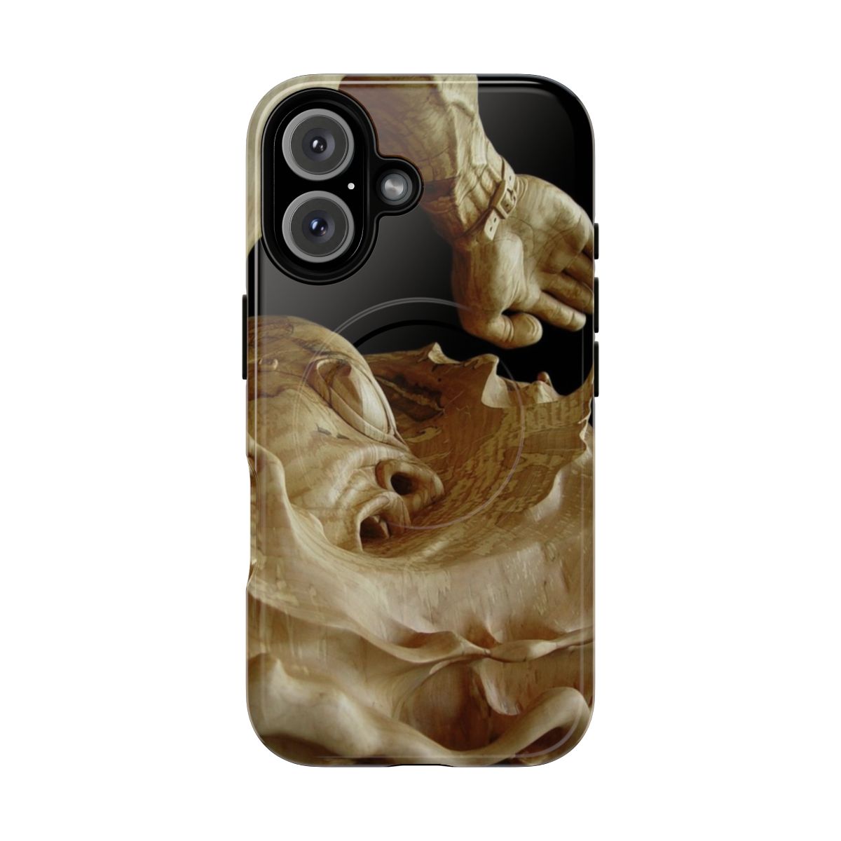 A carved wood phone case depicting a swimmer figure with water droplets.