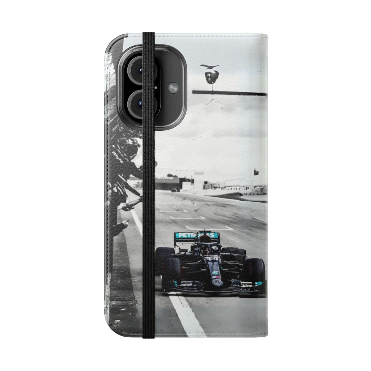 Vintage digital art-inspired flip cover phone case featuring Lewis Hamilton, the iconic Formula 1 world champion. - Folded Front