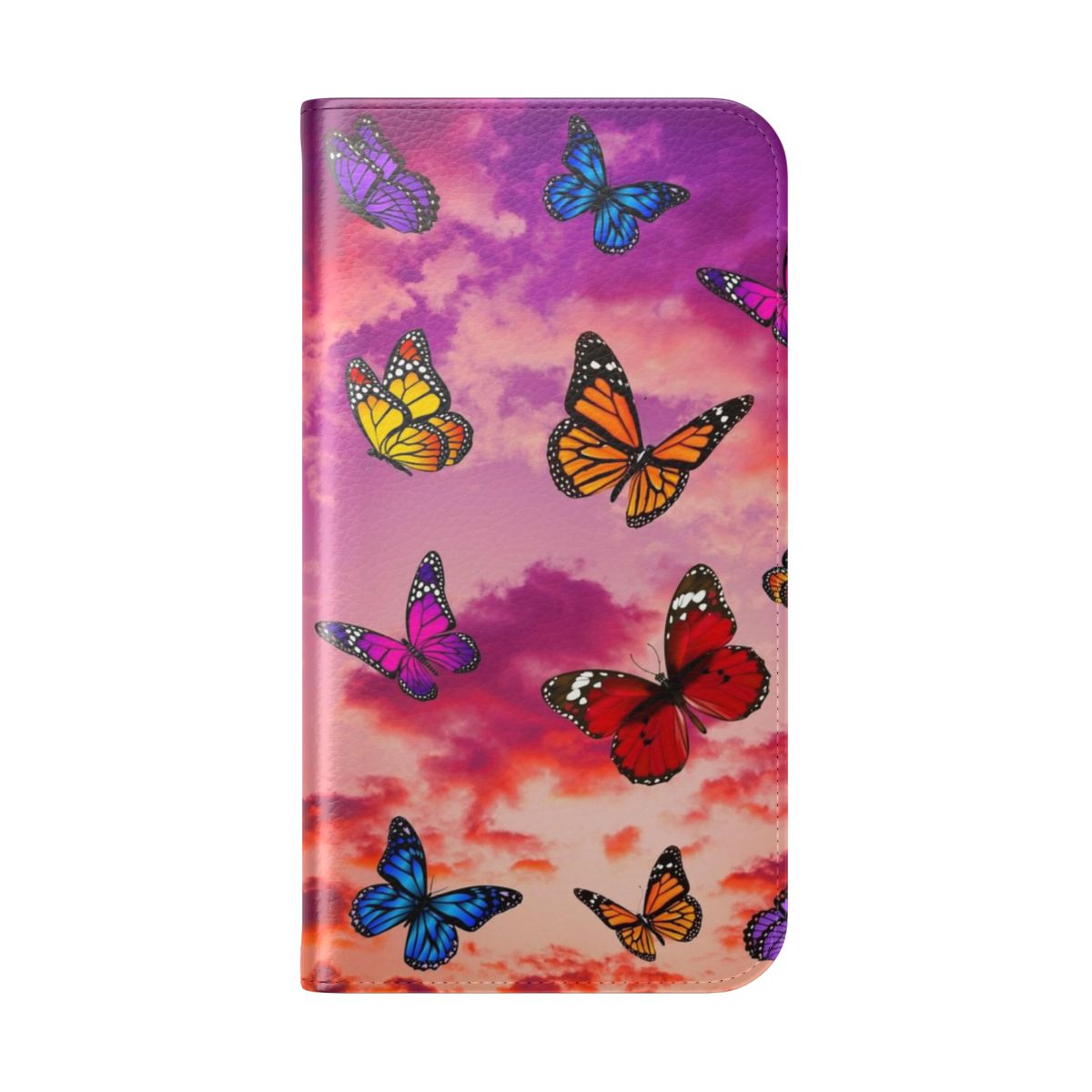 Colorful butterfly design on a flip cover phone case against a pastel sky background - Folded Back